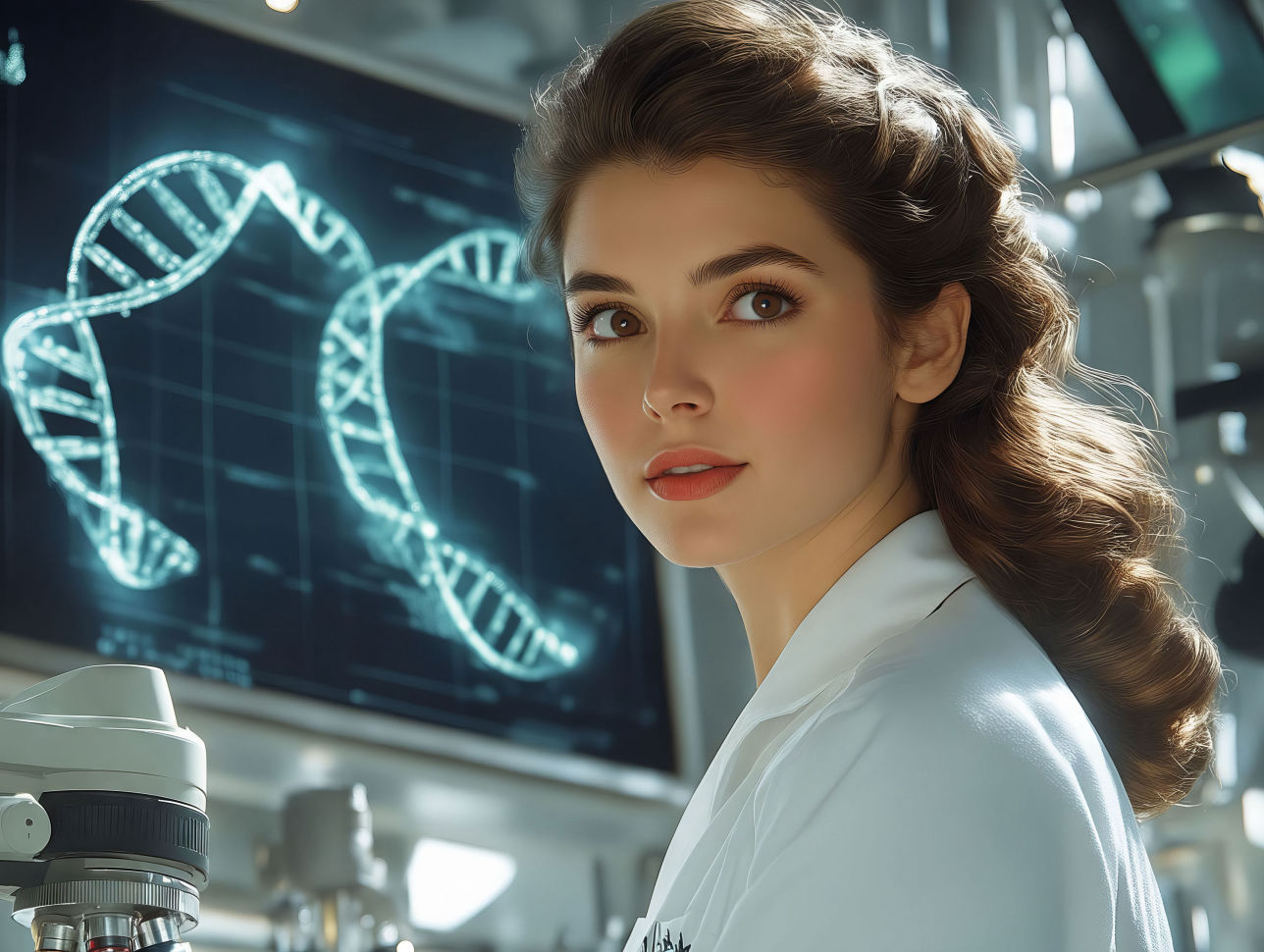 imagende de un chica con bata médica mi guapa que de fondo hay una pantalla de ordenador con una inage de estructuras de adn humano